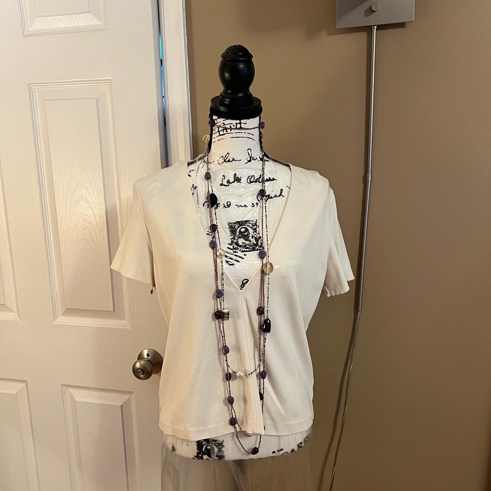 Theory Zadeia V-Neck Tee Top -Ivory XLarge